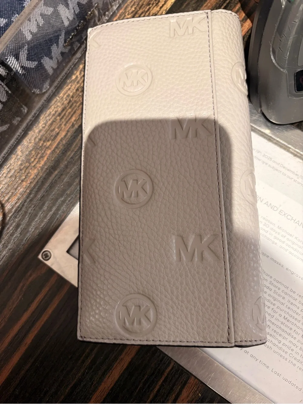 Michael Kors Light stone Cream Embossed MK Long Card bifold new wallet on sale !